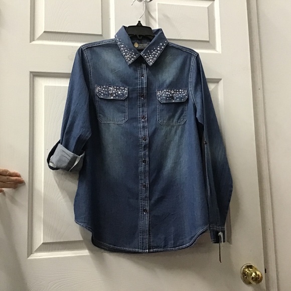 NWT denim blue blouse jacket Swarovski Crystal Aurora Borealis crunch - Picture 3 of 5